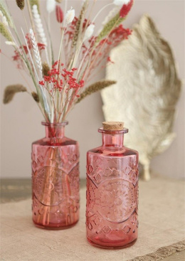 Ozdobna szklana butelka różowa wazon na kwiaty świecznik 21cm